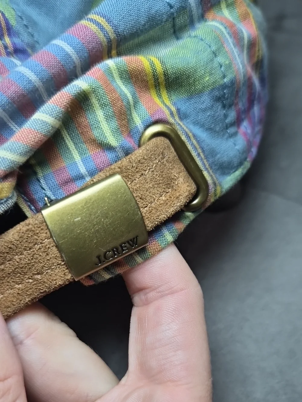 J. Crew Pastel Plaid Cap with Brown Suede Strap 70s